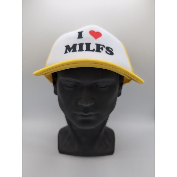 Yellow White I Love MILFS Funny Truck Hat - Picture 1 of 6